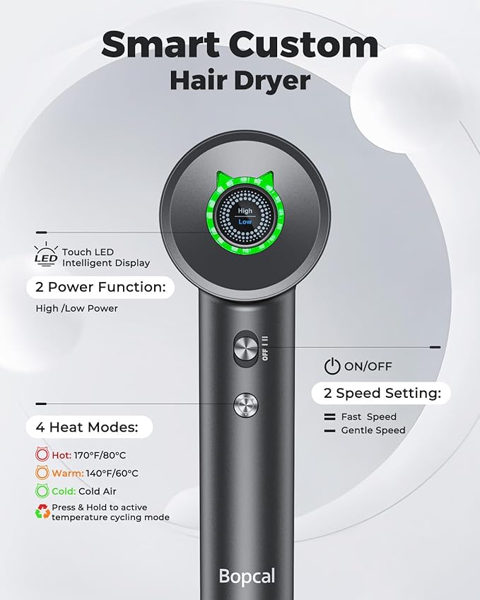 Bopcal Ionic Hair Dryer, 160000 RPM Brushless Motor, Smart Thermo-Control, Negative Ion Fast Drying, Quiet Lightweight Blow Dryer, Cold Air & 4 Heat Settings, for Home Travel Salon, Black
