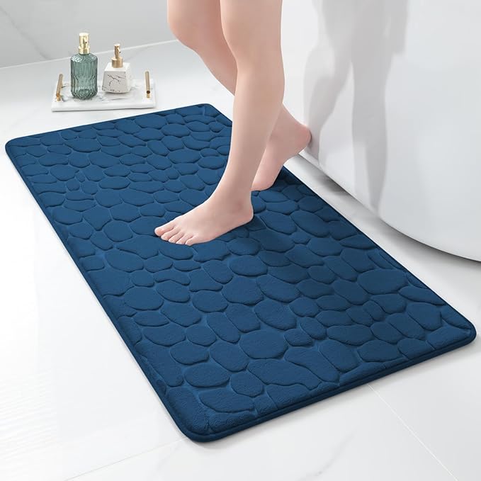 YIHOUSE Memory Foam Runner Rug, Cobblestone Bathroom Runner Rugs Super Water Absorbent Bath Mats for Bathroom Machine Washable Bath Rugs for Hallway Bedroom Laundry Room(24 x 47,Dark Blue)