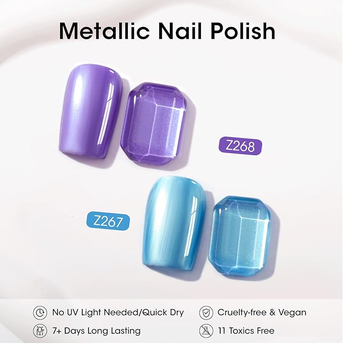 GELLEN Metallic Nail Polish, Chrome Mirror Purple Blue Nail Polish with 3-in-1 Base Coat Top Coat Strengthener Polish, Quick Air Dry Nail Lacquer Set, DIY Nail Art Manicure Gift for Women