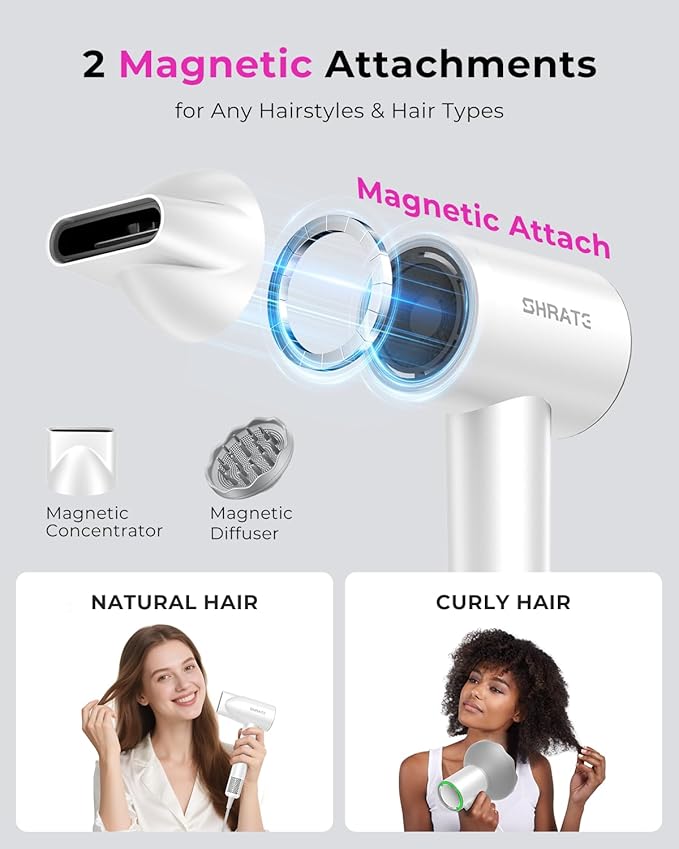 SHRATE Professional High Speed Ionic Hair Dryer | Ultra-Fast Drying | 500 Million Negative Ions | Low Noise | 160000 RPM | Compact Blow Dryer with Magnetic Diffuser for Faster Drying All Hair Types
