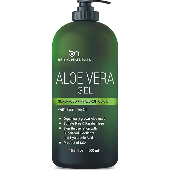 Being Naturals Aloe vera Gel - from 100% Pure Organic Aloe - Natural Raw Moisturizer for Face, Body, Hair. Perfect for Sunburn, Acne, Razor Bumps 16.9 fl oz (Tea Tree, Superfood, Hyaluronic Acid)