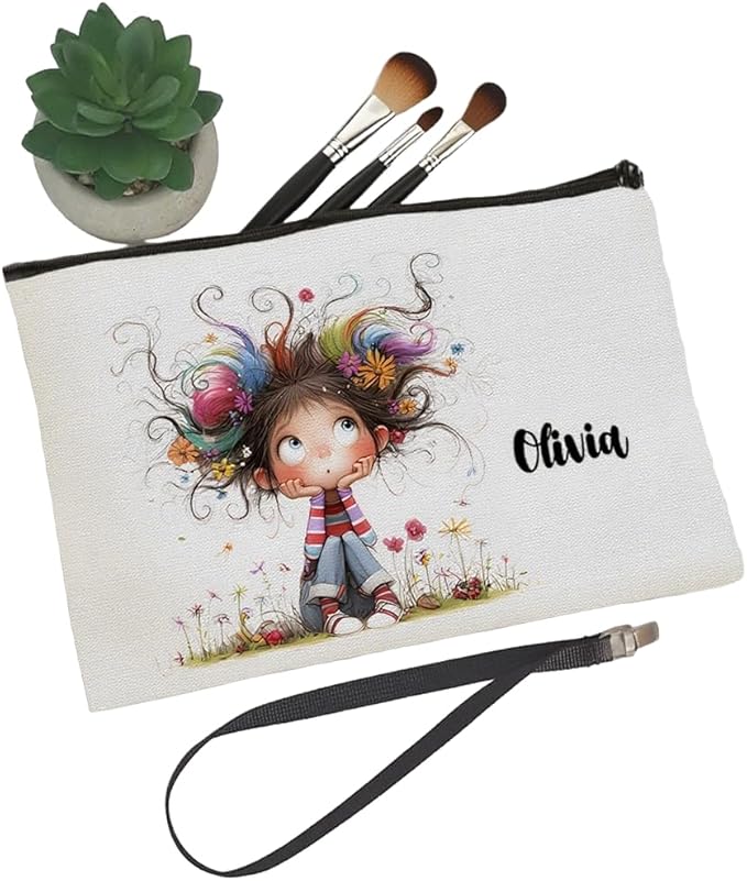 Personalized Makeup Bag | Custom 15 Styles Cute Quirky Girl with Name | Christmas Birthday Gifts for Women Her
