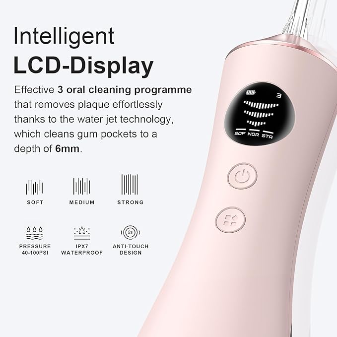 Water Dental Flosser for Teeth, Portable Cordless Water Flosser with 300ML Rechargeable with Type-C, IPX7 Waterproof Water Flossers for Adults with 3 Intensity Modes and 3 Flossing Tips