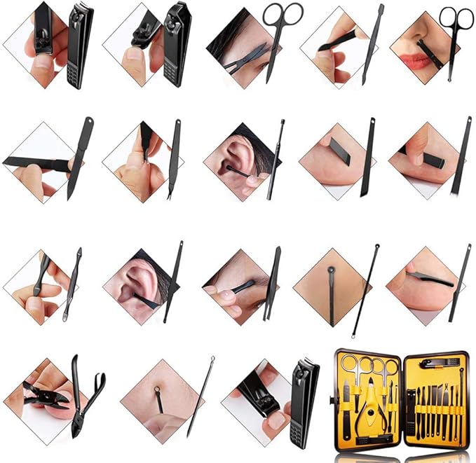 Manicure Pedicure Kit Nail Clippers Set 18 in 1 High Precision Stainless Steel Cutter File Sharp Scissors for Men & Women Fingernails & Toenails Vibrissac Scissors with Stylish Case (Yellow_18in1)