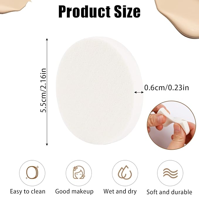 50 Pieces White Round Makeup Sponge Facial Powder Puff Cosmetic Sponge Round Foam Pad Beauty Makeup Eye Face Foundation Powder Blender for All Skin Types, Wet and Dry Dual Use