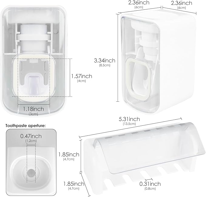 5 Slots Wall Mount Toothbrush Holder with Cover, Self Adhesive Toothbrush Storage Organizer for Shower, Toothbrush Hanger with Automatic Toothpaste Squeezer Dispenser