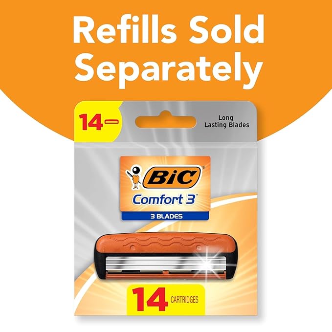 BIC Comfort 3 Refillable Three-Blade Razor for Men, Sensitive Skin Razor For a Comfortable Shave, 1 Handle and 12 Cartridges, 13 Piece Razor Set