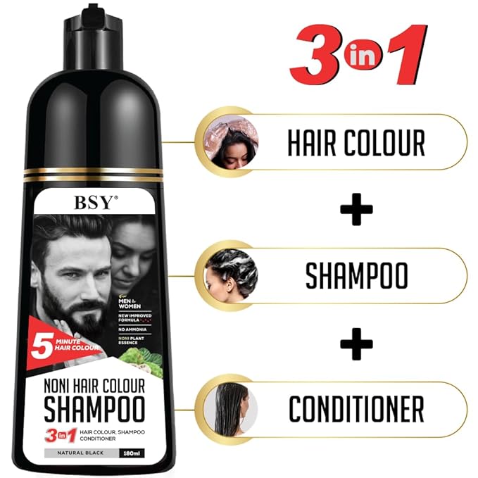 BSY Noni Hair Color Shampoo - 6 fl oz - Pump Pack | No Ammonia | 3 in 1 - Hair Dye Shampoo, Conditioner for Women and Men | Natural Black, Permanent Hair Color for Black Hair