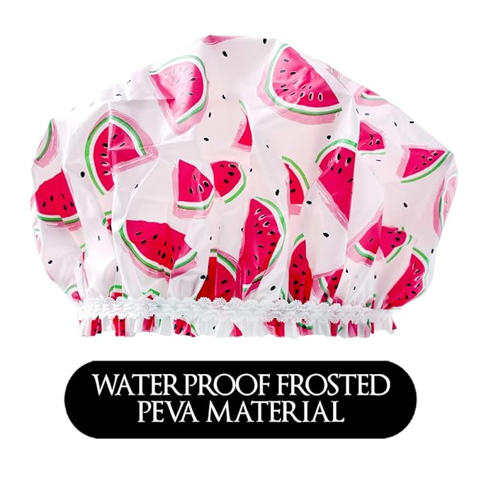 Reusable Vinyl Shower Cap & Bath Cap, Frosted PEVA Elastic Stretch Hem. Multi-Use Waterproof Stretchy Hair Cap for all Hair Lengths - One In A Melon Shower Cap for Women