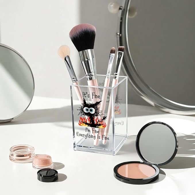 It's Fine I'm Fine Acrylic Cosmetic Pencil Pen Holder Cup, Funny Black Cat Pen Holder Cup, Cat Lover Gift for Women Men, Office Sarcastic Gifts for Women Men Colleague Boss