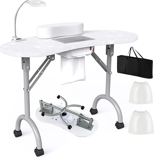 WELLHUT Nail Table All-in-One Manicure Desk w/Electric Dust Collector, LED Nail Lamp, Carry Bag & Wrist Cushion, Mobile Nail Desks w/Universal Mute Wheels for Manicurists Home Spa Beauty Salon