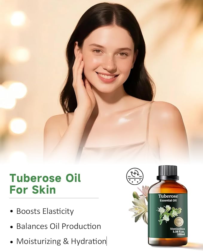 Mumianhua Tuberose Essential Oil 100% Pure Therapeutic Grade Natural Flower Tuberose Oil for Diffuser, Massage, Yoga, Skin,Hair, DIY Perfumes & Fragrance Candle Making Scents 3.38 Fl Oz
