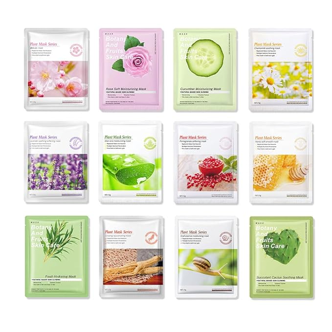 12 Pack Various Plants Face Sheet Mask Skincare,Hydrating Face Mask For Sensitive Skin,Moisturize,Soothing,Nourish for All Skin Types,Natural Spa Party Facial Mask Skincare Set for Women Men Girls