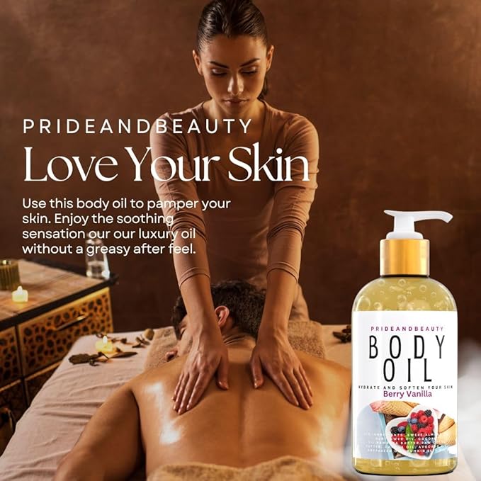 PrideandBeauty After Shower Oil. Skin Hydrating Oil. Body Oil Scented. Body Oils For Women Dry Skin. (4 OUNCES, Berry Vanilla)