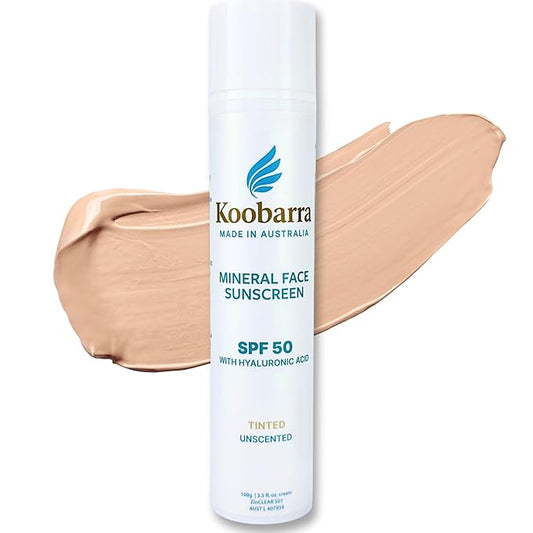 Mineral Face Sunscreen SPF 50, Tinted Aussie Zinc Oxide Sunblock with Hydrating Hyaluronic Acid, Reef Safe, Natural, Vegan, Australian Made, 80min Water Resistant, Unscented, 100g 3.4oz