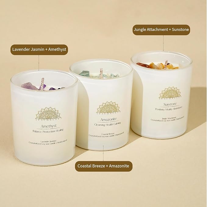 Healing Crystal Candles Gift Set for Women, 3 Pack Aromatherapy Soy Candles with Real Amethyst Amazonite Sunstone, Lavender Jasmine Coastal Breeze Scented Candles, Meditation Chakra Energy - 3.5oz
