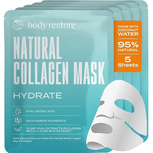 Body Restore Natural Collagen Face Mask 5 Pack – Korean Skin Care Mask with Fermented Coconut Water, Christmas Stocking Stuffers, White Elephant, Birthday Gifts for Women & Men, Dry Skin - Hydrate