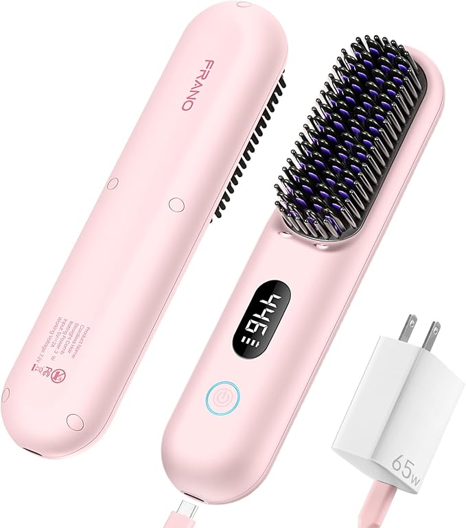 Cordless Hair Straightener Brush, Portable Straightening Brush for Travel, Mini Ionic Hot Comb with 9 Temperature Settings, Rechargeable Heated Straightening Comb, Dual Power, Gifts for Women Her