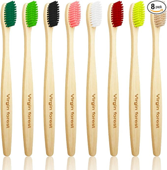 Virgin Forest Bamboo Toothbrush, Biodegradable Toothbrush, Eco Friendly Natural Wooden Toothbrushes, Vegan Organic Bamboo Charcoal Tooth Brush for Sensitive Gums Medium Bristle Set of 8 Color