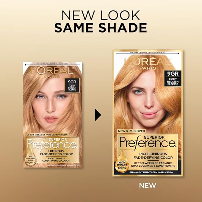 L'Oreal Paris Superior Preference Luminous Fade-Defying Permanent Hair Color, Hair Dye For Up to 9 Weeks of Radiance, Golden Reddish Blonde 9GR, 1 Hair Dye Kit