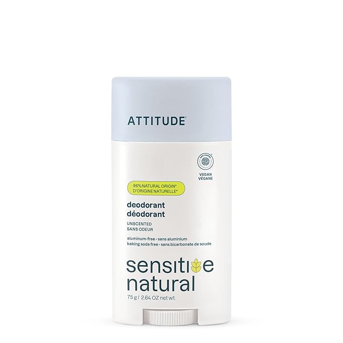 ATTITUDE Deodorant for Sensitive Skin, Aluminum Free & Baking Soda Free, Gentle & Vegan, Long-Lasting Odor Protection, Unscented, 2.64 Oz