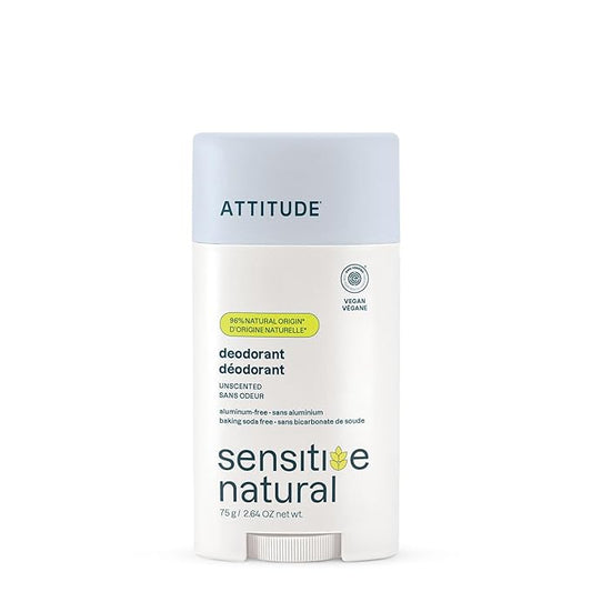 ATTITUDE Deodorant for Sensitive Skin, Aluminum Free & Baking Soda Free, Gentle & Vegan, Long-Lasting Odor Protection, Unscented, 2.64 Oz