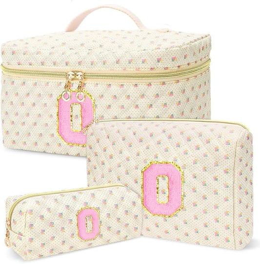 3 PCS Travel Makeup Bag Set,A-Z Initials Cotton Make up Bag Floral Quilted Cosmetic Bag for Girls and Women,Personalized Christmas Gifts,Cute Toiletry Travel Accessories Brushes Bags-O