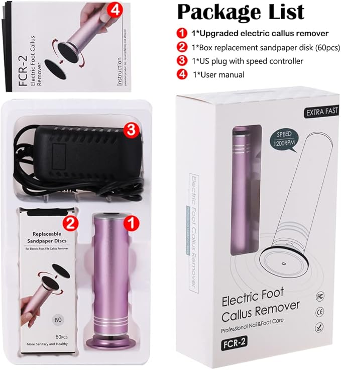 Upgraded Electric Foot Callus Remover 1200rpm, Professional Electric Foot File Sander Pedicure Tools for Dead Skin Cracked Heels, Adjustable Speed, 60 Replaceable Sandpaper Discs (FCR-2 Pink)