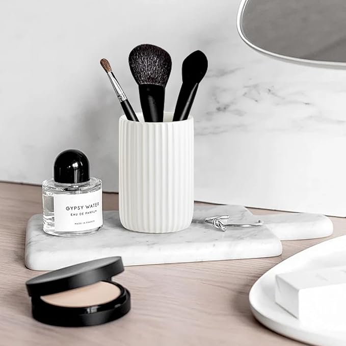 Toothbrush Holders for Bathrooms, Ceramic Tooth Brush Holder Set, Ribbed Bathroom Cups Tumbler, Reusable Toothbrush Mouthwash Cup, Toothpaste Holder Toothbrush Organizer for Bathroom Counter