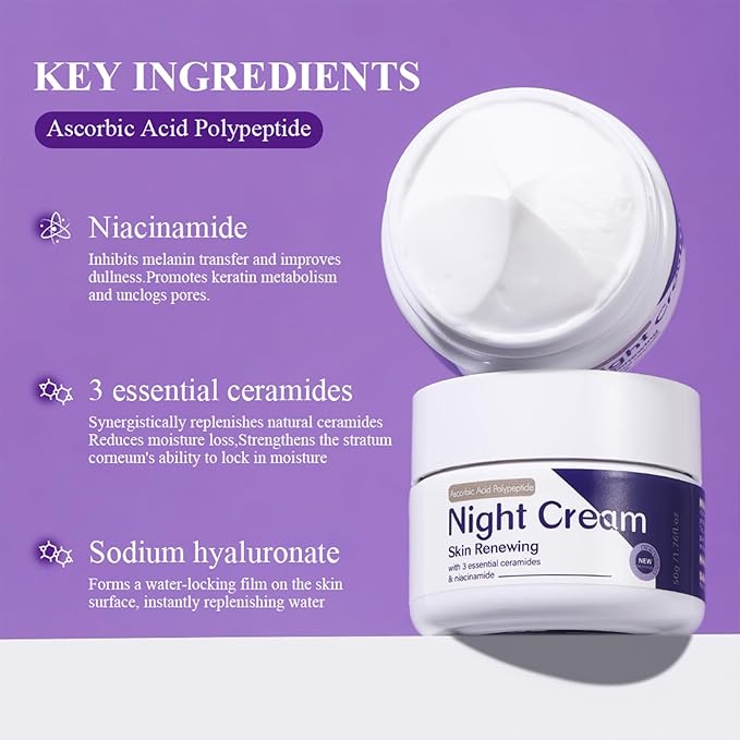 Skin Renewing Night Cream - Niacinamide, Peptide Complex & Hyaluronic Acid Face Moisturizer | Anti-Aging,Reduces Fine Line Appearance, Enhances Skin Elasticity，Suitable for All Skin Types, 1.76 fl.oz