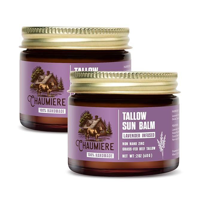 Lavender Tallow Sunscreen SPF 50 – Grass-Fed Beef Tallow Balm with Carrot Seed Oil & Non-Nano Zinc – Organic Face & Body Moisturizer, Reef Safe, Naturally Scented – 2.5oz x 2, Made in USA