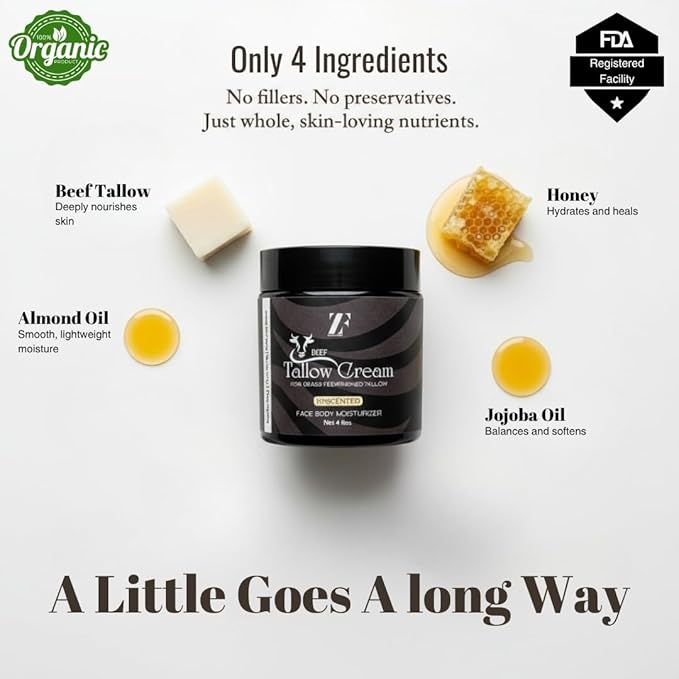 ZF 100% Grass Fed Beef Tallow for Skin Care - Face + Body - Natural Organic Lotion - Whipped Moisturizer for Sensitive Skin 4 FL. oz. (Unscented)