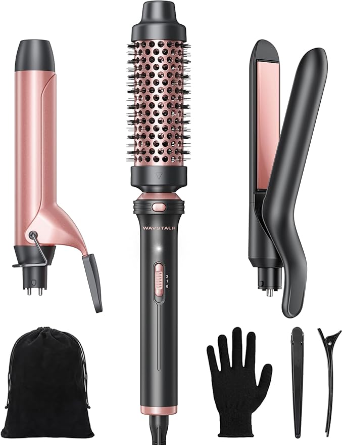 Wavytalk 3 in 1 Curling Wand Set, Multi Curl, Curling Iron Set with Heated Round Brush, Flat Iron Hair Straightener, 1 1/4 inch Curling Iron, Dual Voltage Hair Curler