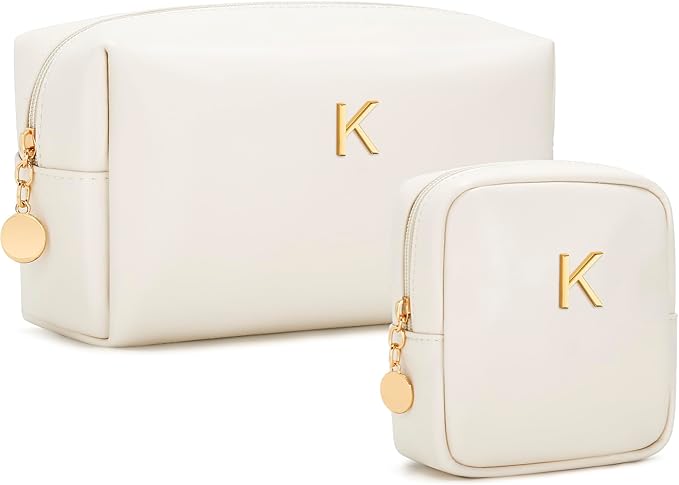 Personalized Christmas Gifts for Women - Initial Makeup Bag Birthday Gifts for Women Travel Toiletry Bag Cosmetic Bags with Soft PU Leather (Beige K)