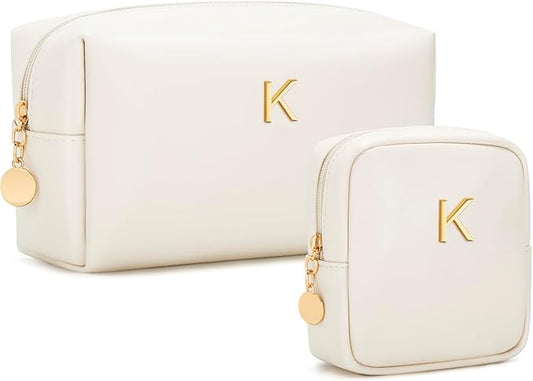 Personalized Christmas Gifts for Women - Initial Makeup Bag Birthday Gifts for Women Travel Toiletry Bag Cosmetic Bags with Soft PU Leather (Beige K)