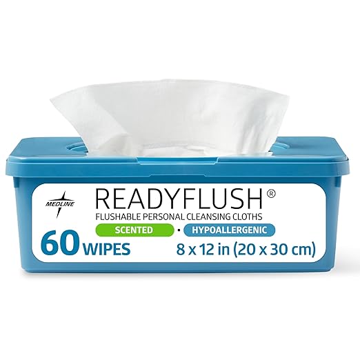 Medline ReadyFlush Flushable Wipes (60 Wipes per Tub), Scented, Biodegradable Flushable Incontinence Wet Wipes for Adults with Aloe, Hypoallergenic & pH-Balanced Personal Cleansing Cloths