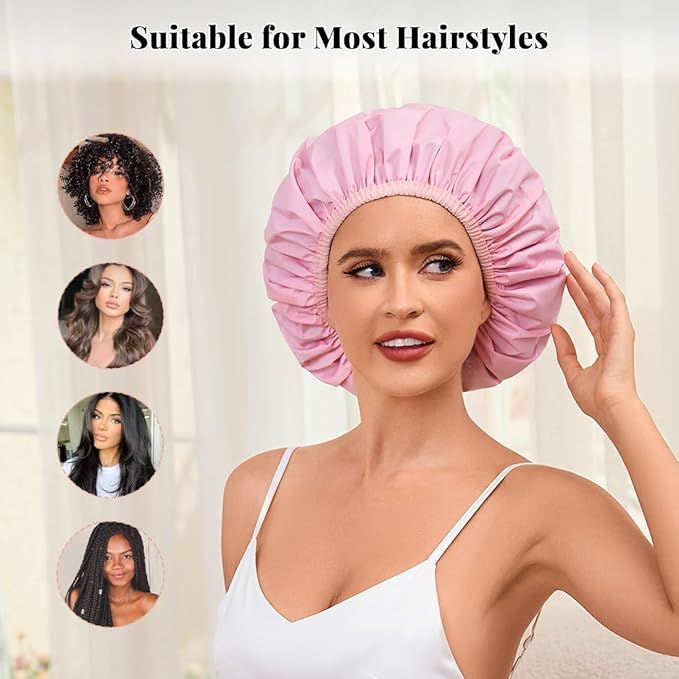 Reusable Shower Cap for Women, 3Pcs Hair Cap for Shower, Waterproof Shower Cap with Elastic Band for Long, Thick or Curly Hair