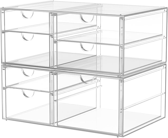 2 Pack Desk Organizers, Makeup Organizer Storage with 7 Drawers, Desktop Office Supplies, Clear Desk Accessories, Dustproof Drawer Organizer and Storage for Make Up, Jewelry, Pen