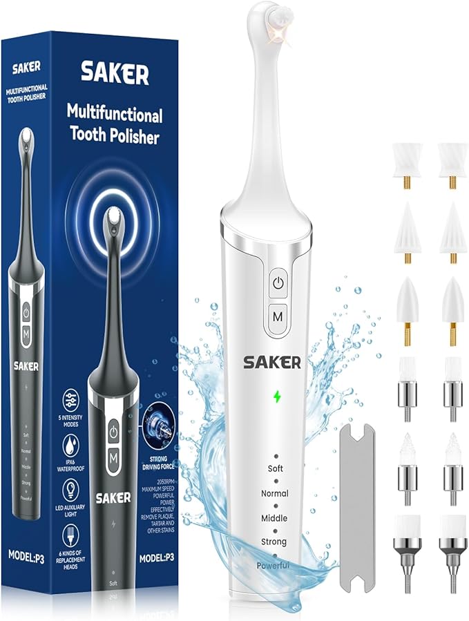 Saker Tooth Polisher, 2 Set Replacement Polishing Brush Heads(12pcs) Included, Rechargeable Tooth Polishing Kit, Dental Teeth Polisher with LED Light, 5 Speed Modes, Waterproof - White