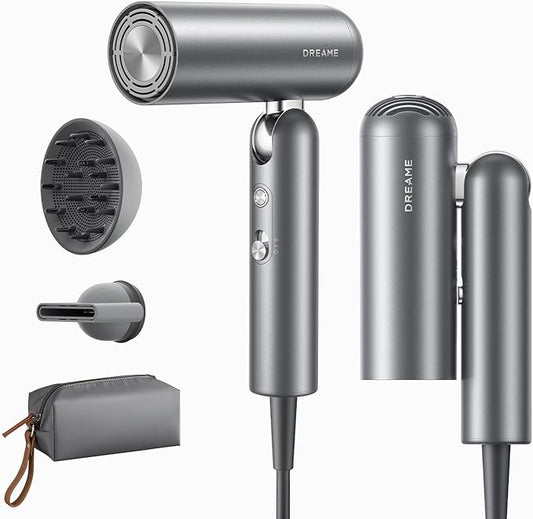 Dreame Pocket Pro Hair Dryer, Dual Voltage Travel Blow Dryer with Diffuser, 1300W Professional HighSpeed Ionic Hair Blower, Fast Drying, Low Noise, Lightweight, No Heat Damage, Global Travel 120V/240V
