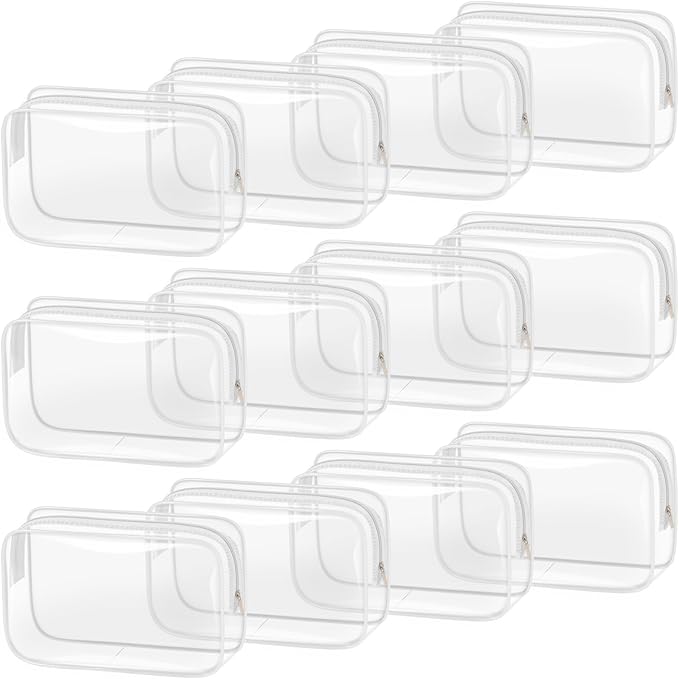 TISRATOK 12 PCS Clear Makeup Bag for Women with Zipper, TSA Approved Toiletry Pouch, Cosmetic Bag Bulk for Travel Organizer Essentials - White,Medium