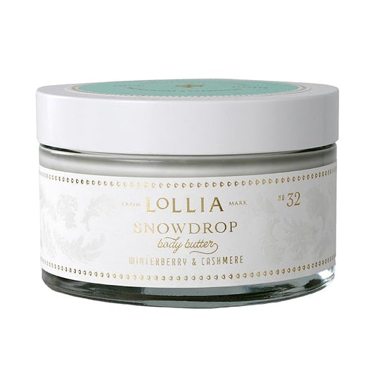 LOLLIA Snowdrop Whipped Body Butter, 5.7 oz, 155 g, Winterberry & Cashmere Scented Balm for Women, Moisturizing Shea & Cocoa Butter Lotion, Luxury Hydrating Skin Cream for Self Care