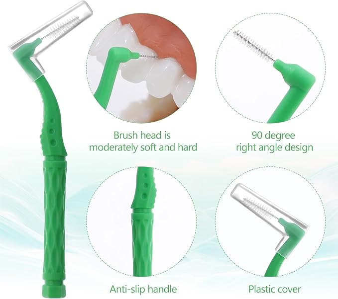 50pcs Interdental Brushes, Green Soft Dental Brushes with Non-Slip Handle Angled Head Tooth Picks Floss Sticks Dental Floss Brushes for Braces Oral Cleaning Narrow Gaps Between Teeth