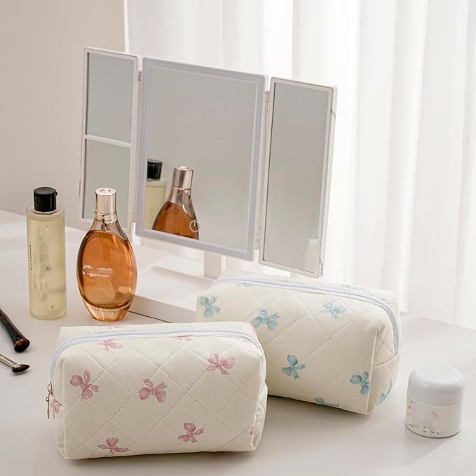 Makeup Bag Travel Cosmetic Bag for Women Girls, Zipper Make Up Pouch, Floral Flowers Toiletry Organizer Makeup, Portable Storage Cosmetic Travel Cloth Bag (Pink Bow Tie+Flower-Red)