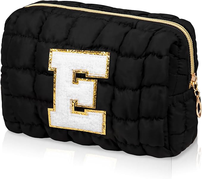 Initial Checkered Makeup Bag, Large Quilted Cosmetic Bag, Cute Make up Pouch for Purse, Travel Toiletry Storage Bag for Women Preppy Teen Girls Gift Trendy Stuff Gift (Black E)