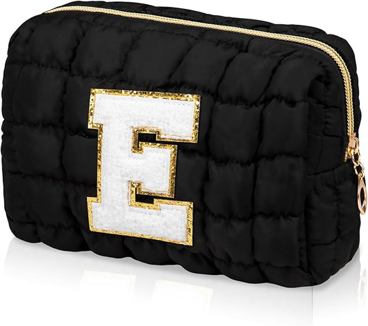 Initial Checkered Makeup Bag, Large Quilted Cosmetic Bag, Cute Make up Pouch for Purse, Travel Toiletry Storage Bag for Women Preppy Teen Girls Gift Trendy Stuff Gift (Black E)