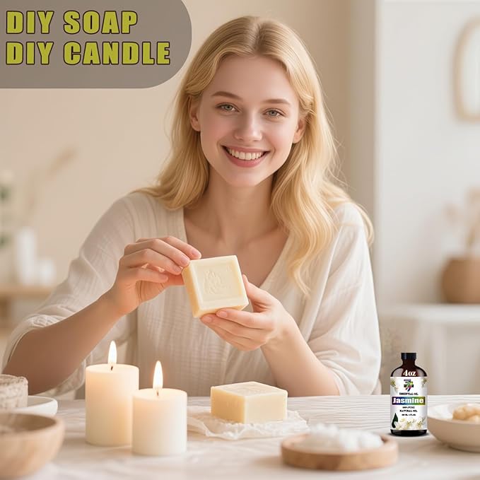 Jasmine Essential Oil (4 oz/120 ml) — Jasmine Oils for Aromatherapy, diffusers, humidifiers, Home fragrances, DIY Skincare, soap Making, DIY Candle, Relaxation, Yoga, and Meditation