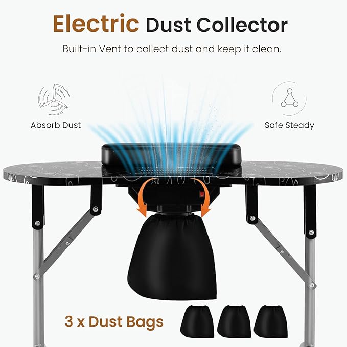 WELLHUT Manicure Table Portable Nail Table Desk with LED Nail Lamp, Elctric Dust Collector, Wrist Rest, Lockable Wheels, Folding Manicure Station for Nail Techs with Carry Bag