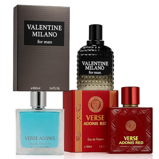 Men’s Cologne Gift Set 3 Pack – Verse Pour Homme, Adonis Red & Valentine Milano – Long-Lasting Citrus, Warm Floral & Amber Wood Scents (100ml Eau de Parfum)