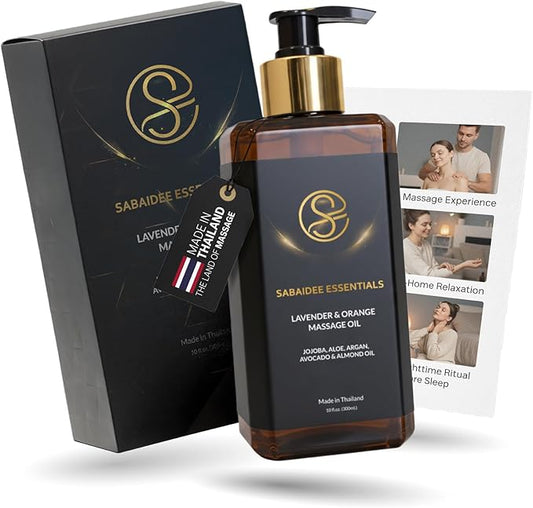 Aromatherapy Massage Oil - Lavender Oil & Orange 10 Fl Oz - Thai Body Oil for Massage Therapy with Jojoba, Avocado, Argan, Aloe, Almond – Relaxing Body Care & Self-Care